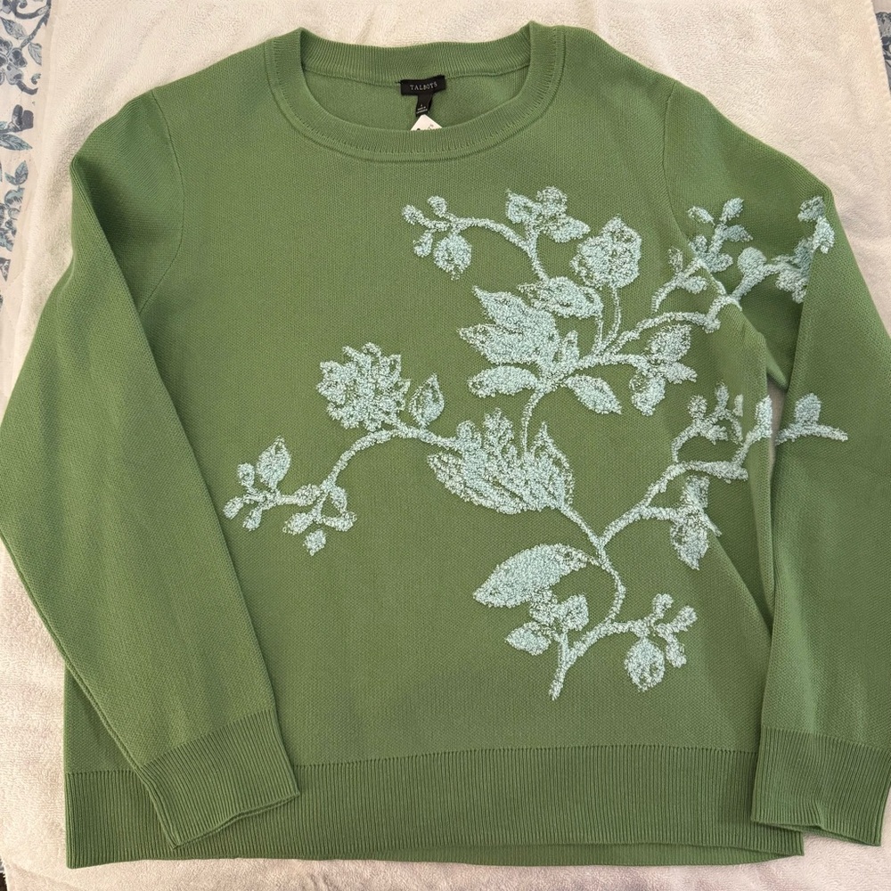 Talbots Green Sweater with Floral Design